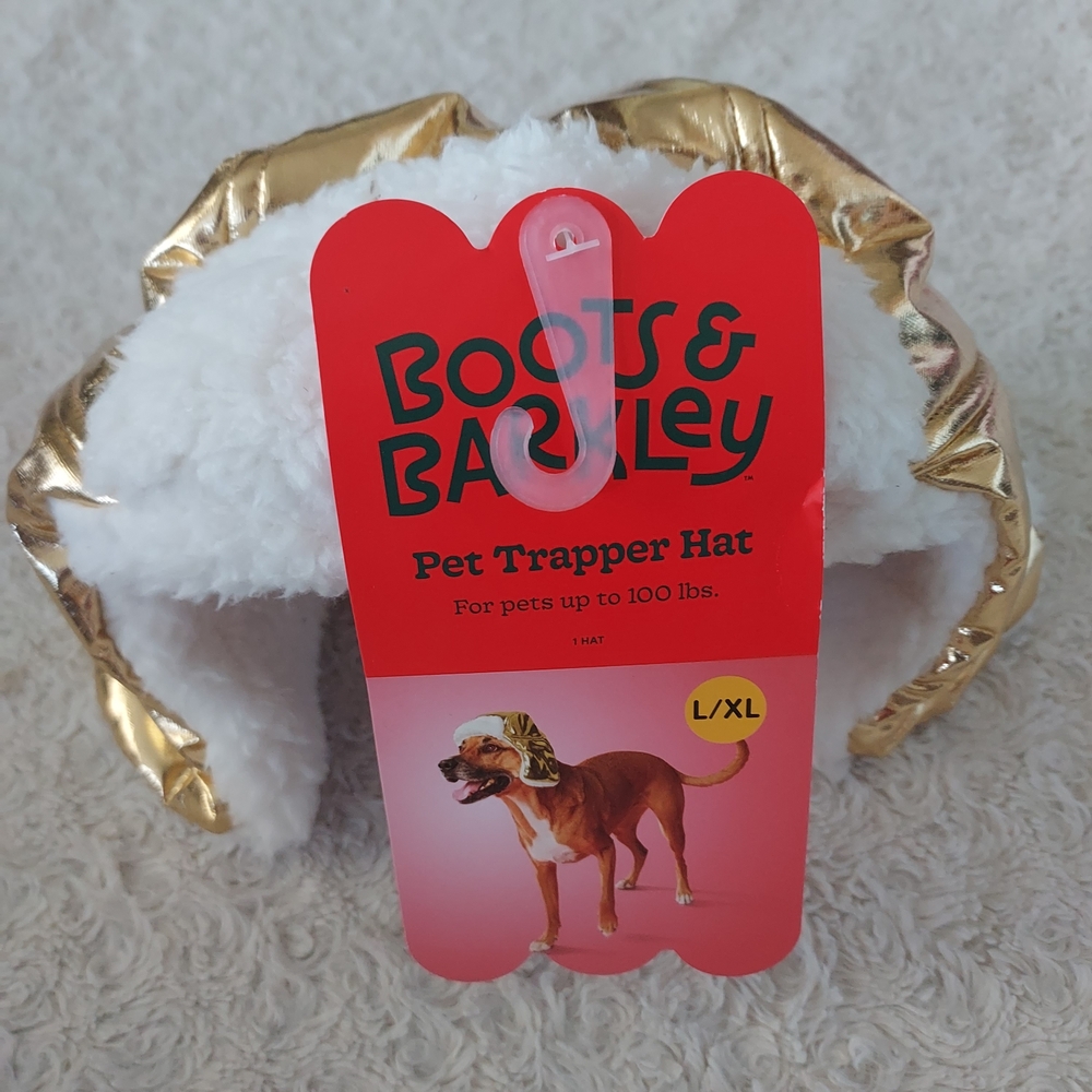 Boots & Barkley Sparkly Gold and White Sherpa Lined Pet Trapper Hat L/XL